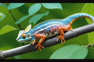 Chameleon sitting on tree branch, rainforest, , blooming flowers, fantasy, big information, bright yellow, pastel blue, pastel pink, ocean blue turquoise, bright orange, green, white dominant color palette, acrylic, photography, HD, 4k, Sharpness, Realistic, Ultra Wide, Wide Angle, Cinematic, Ambient Light, Bright Border, Edge Emphasis, Contrast, High Resolution, High Contrast, High Detail, High Texture, Surreal High Quality Model, Ultra High Quality, Golden Ratio, Pseudo Detail, pixiv fan box Trends, Acrylic Palette Knife, Studio Style Makoto Shinkai Ghibli Kenshin Impact James Gilead Gregg Rutkowski Chiho Aoshima, Watercolor, ArtStation Trends, Sharp Focus, Studio Photography, Intricate Details, Highly Detailed, Author: ChiliKiri, Mysterious