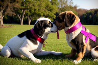 
background is grass,
baby dog, (they is kissing each other:1.3), one dogwas smile, another dogwas angry, one dogwas putted a vine into  another s mouth,