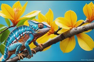 Chameleon sitting on a tree branch, sticking out its tongue, hunting, rainforest, , blooming flowers, fantasy, big information, bright yellow, pastel blue, pastel pink, ocean blue turquoise, bright orange, green, white dominant color palette, acrylic, photography, HD, 4k, sharpness, realistic, ultra wide, wide angle, cinematic, ambient light, bright border, edge highlight, contrast, high resolution, high contrast, high detail, high texture, ultra-realistic high quality model, ultra high quality, golden ratio, pseudo detail. , pixiv fan box trend, acrylic palette knife, studio style Makoto Shinkai Ghibli Kenshin Impact James Gilead Gregg Rutkowski Chiho Aoshima, watercolor, Artstation trend, sharp focus, studio photography, intricate details, ultra-details, Author: ChiliKiri, Mysterious