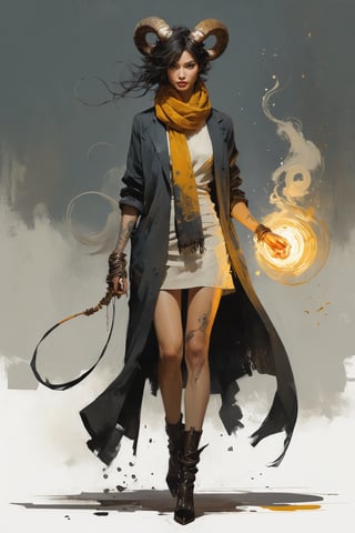 full body, (style of Simón Prades, Ismail Inceoglu, (by Ashley Wood:1.2):1.15), obscure, loose and expressive, broad brushstrokes, grays, whites, subtle skin tones, moody atmosphere, otherworldly demonic woman, ((bioluminescent fist)), Dark shadowy heels, golden eyes, dark torn scarf, golden sun tattoo, ((dark curled horns)), ((body composed of swirling energy adorned with intricate patterns resembling swirling smoke and sparkles)),