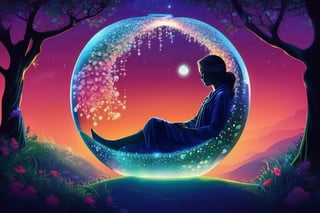 a fantasy smart beautiful girl laying inside crystal apple, In the tranquil twilight, luminescent silhouette