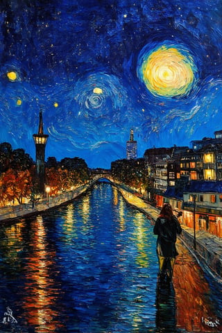 starry night, impressionist painting, city lights reflecting on water, night sky filled with stars, serene riverside, van gogh style, vibrant brushstrokes, couple walking by the water, peaceful evening, starry reflections in river, glowing night lights