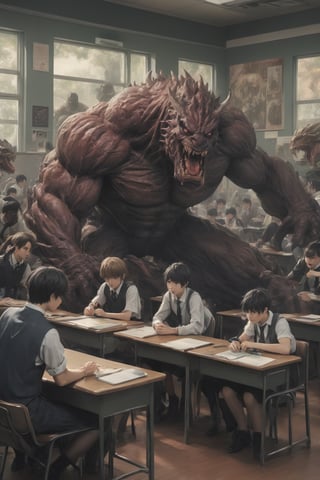 A high school classroom, surreal scene with huge monstrous creature with exposed muscles and flesh emerging from chalkboard, students calmly sitting at desks, bizarre juxtaposition of the mundane and uncanny horror, detailed anime style
