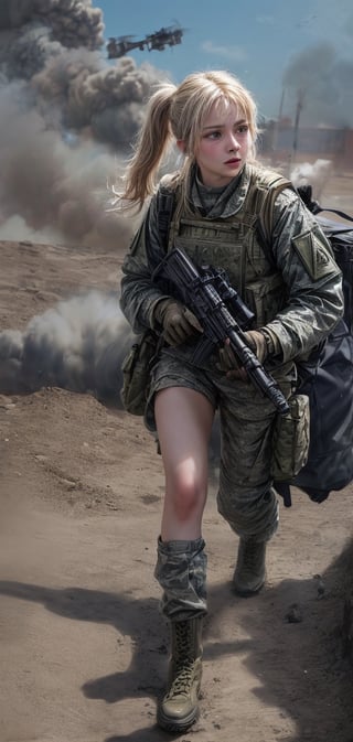 heroic photograph of a beautiful Ukrainian girl soldier with pigtail hair, blonde, full body, directing a drone bombardment, flying around her shooting