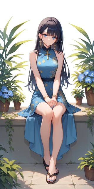 score_9, score_8_up, score_7_up, score_6_up, score_5_up, score_4_up,source_anime,

1girl, solo, long hair, looking at viewer, blue eyes, shirt, black hair, dress, jewelry, cross-legged sitting, full body, earrings, shorts, sleeveless, nail polish, bracelet, sleeveless shirt, toenails, toenail polish, print dress, sandals, white background