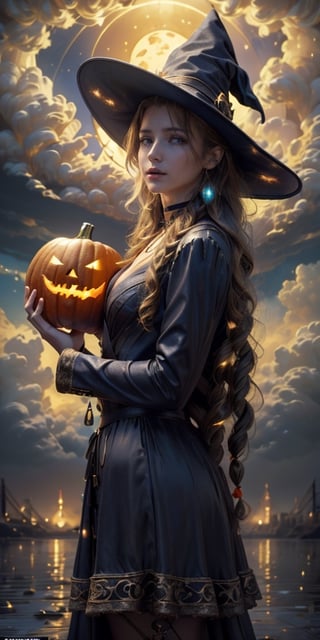 ((masterpiece)), (best quality), (cinematic), Slender, skinny, big Chest, big breasts, witch, witch_hat, girl dressed in a spooky Halloween costume, holding a carved pumpkin, pumpkin goddess, surrounded by pumpkin, wearing a gorgeous black dress with detailed ornaments on her head, close-up, puddles of water, long white hair, bangs, red eyes, wind, detailed face, detailed body, dark gray sky, glow, clouds, city lights, floating bubbles (cinematic, colorful), (extremely detailed), clouds, highly detailed face,aerith gainsborough,aerith gainsborough \(cosplay\), choker, face, close up.,Detailedface