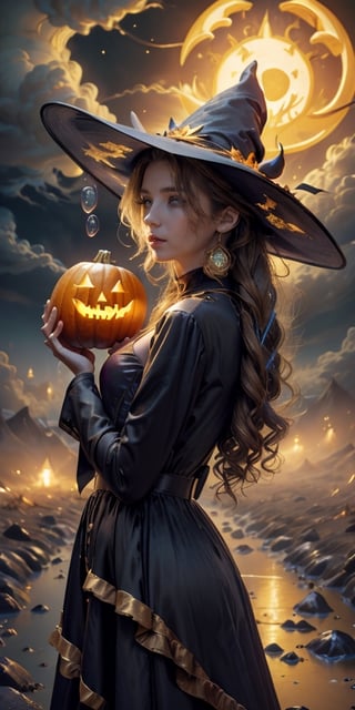 ((masterpiece)), (best quality), (cinematic), Slender, skinny, big Chest, big breasts, witch, witch_hat, girl dressed in a spooky Halloween costume, holding a carved pumpkin, pumpkin goddess, surrounded by pumpkin, wearing a gorgeous black dress with detailed ornaments on her head, close-up, puddles of water, long white hair, bangs, red eyes, wind, detailed face, detailed body, dark gray sky, glow, clouds, city lights, floating bubbles (cinematic, colorful), (extremely detailed), clouds, highly detailed face,aerith gainsborough,aerith gainsborough \(cosplay\), choker, face, close up.,Detailedface