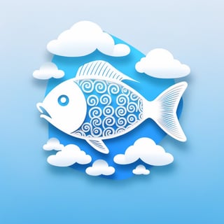 ohaxicxn icon, Chinese Zodiac fish symbol, anchovy fish, icon, blue white gradient background, transparent texture, paper sculpture, winter Festival, auspicious clouds, sea, ,ohaxicxn,icon