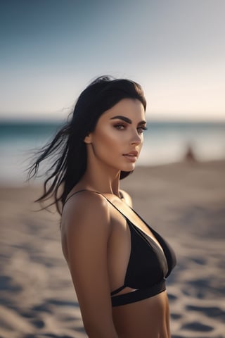 close up of a european woman, bikini, black hair, sumer beach, natural skin texture, 24mm, 4k textures, soft cinematic light, RAW photo, photorealism, photorealistic, intricate, elegant, highly detailed, sharp focus, ((((cinematic look)))), soothing tones, insane details, intricate details, hyperdetailed, low contrast, soft cinematic light, dim colors, exposure blend, hdr, faded, ultra realistic