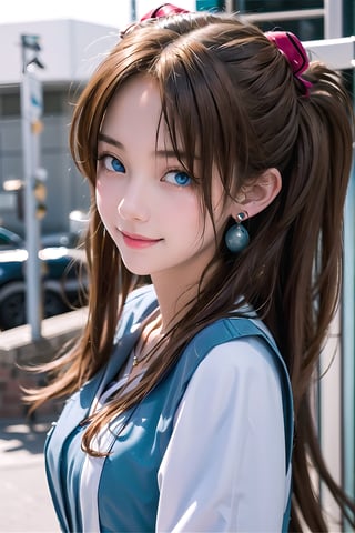 souryuuasukalangley, 1girl, big breast, (brown hair: 1.2), breeze, shy, high_resolution, sunshine, street, looking_at_camera, (light blue eyes: 1.2), (earings: 1.2), necklace, (long_hair: 1.2),  (twin_tails: 1.2), Young beauty spirit , Detailedface,  red hair band, (sexy uniform: 1.2), sexy smile, sexy eyes,Detailedface