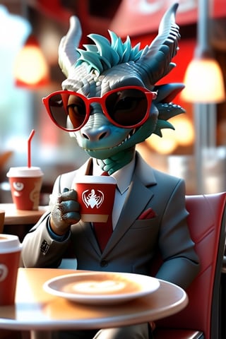 dragon, chibi, 3D,3d background, full body,Drinking coffee in a cafe wearing a suit and sunglasses,cute,photorealism,best quality, 8k,red,
cinematic lighting,3D