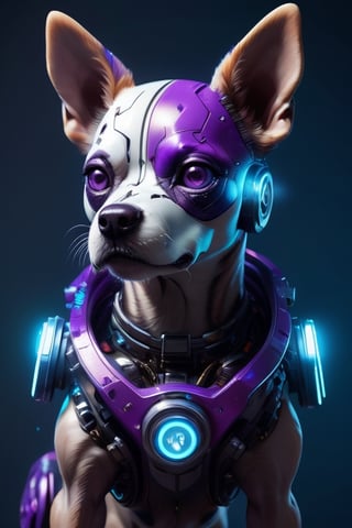 (full body), a beautiful portrait of a cute cyberpunk dog by sandra chevrier and greg rutkowski and wlop, purple blue color scheme, high key lighting, volumetric light, digital art, highly detailed, fine detail, intricate, ornate, complex, octane render, unreal engine, photorealistic