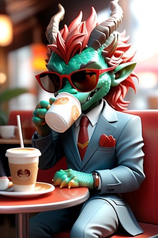 dragon, chibi, 3D,3d background, full body,Drinking coffee in a cafe wearing a suit and sunglasses,cute,photorealism,best quality, 8k,red,
cinematic lighting,3D