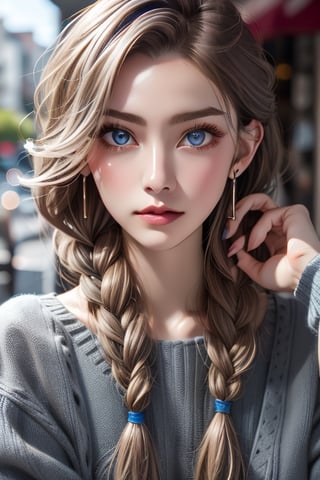 1girl, solo, long hair, looking at viewer, blue eyes, jewelry, closed mouth, braid, white hair, earrings, twin braids, lips, grey eyes, tattoo, facial mark, portrait, hair over shoulder, realistic,Asia,Woman ,Taiwan ,lelev3