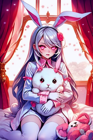 beautiful illustration, best quality, cute girl, bedroom, pastel color, fluffy bunny ears, , silver long hair, rabbit stuffed toy, bright lighting, light pink eyes, background,scenery,CrclWc,CuteSt1,WtrClr