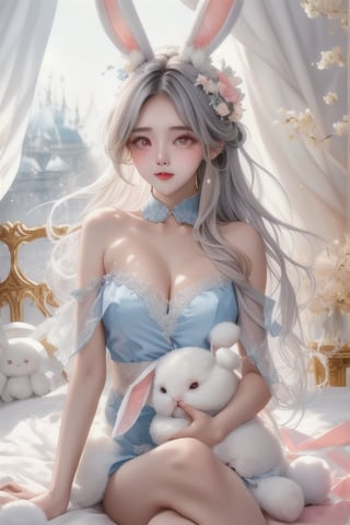 beautiful illustration, best quality, cute girl, bedroom, pastel color, fluffy bunny ears, , silver long hair, rabbit stuffed toy, bright lighting, light pink eyes, background,scenery,CrclWc,CuteSt1,WtrClr