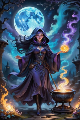 A bewitching scene unfolds under the radiant moonlight, as a cloaked sorceress stands before a bubbling cauldron, her eyes aglow with mystical intensity. The witch's wand gestures weave an aura of energy, as objects around her begin to levitate and transform, swirling with magical potential. The manuscript illustrations depict intricate details: the witch's delicate fingers grasping the wand, the cauldron's wispy tendrils curling into the air, and the moon hovering above like a silver crescent.