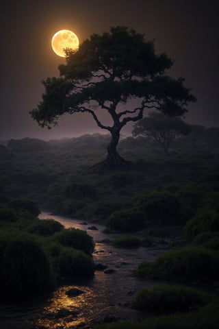 A serene fantasy scene unfolds beneath a radiant moonlit sky. A gnarled tree, its branches stretching towards the heavens like nature's own cathedral. In the distance, an alien figure emerges from the misty river, its bioluminescent scales shimmering in harmony with the lunar glow.,photorealistic