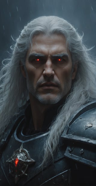 A majestic close-up portrait of Angron, Primarch of the World Eaters XII Legion, radiates intense energy. Long, partially black, and white hair flows like fiery lava, entwined with mystical mist. His normal skin glows with an otherworldly aura. Vibrant colours burst forth from his eyes, as if infused by the silver full moon's ethereal light. The background: a swirling storm of rain and lightning, set against the dark, mysterious forest. Every detail is meticulously crafted, reminiscent of a fine art painting by Drew Struzan and Karol Bak. Gothic architecture and ilya kuvshinov's haunting atmosphere converge to create a masterpiece that embodies the essence of war.