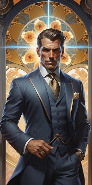 A fantastic painting of a man in a suit, by Greg Rutkowski and Alphonse Mucha. Trending on Artstation, 8k HD wallpaperj GTA 5 cover, official media, beautiful, very beautiful, detailed, high quality, wallpaper 4K, epic, trending on artstation and behance, dynamic lightning, intricate details, energetic composition, golden ratio, concept ,Color Booster