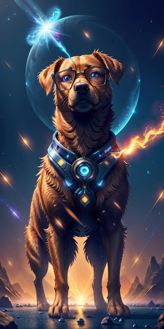 Dog + glasses, Magic energy, cynematic light, futuristic, epic fantasy, 8k