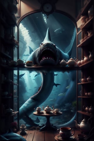 sharks with a lot of teeth drinking tea sitted on a table with a granny with a closet with transparent window showing a big collection of cups of tea