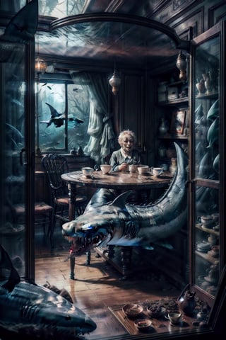 sharks with a lot of teeth drinking tea sitted on a table with a granny with a closet with transparent window showing a big collection of cups of tea