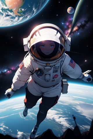 UNIVERSE, ADD A ASTRONAUT GIRL FLYING THROUHG SPACE, ADD PLANETS, COLORS, GALAXIES, 