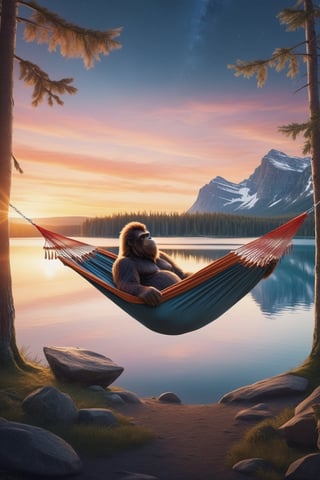 a solo sasquatch sleeping in a hammock overlooking a very beautiful lake, cinematic, poster, dramatic, glittery, sunset, moody,detailmaster2,aw0k euphoric style,monster