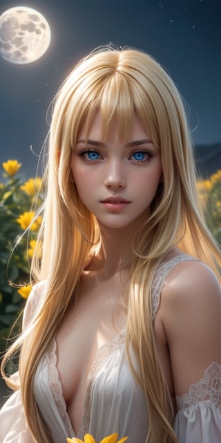 (8K, RAW shot, Highest Quality, masutepiece), High definition RAW color professional photos, (Realistic, Photorealism:1.37), (Highest Quality), (Highest shadow), (The best illustrations), (reality: 1.2), (intricate-detail), 
1 person, Female, 20 years old, Incredibly beautiful girl, Perfect Anatomy, Perfect proportions, Perfect face, Strong brightness on the face, Facial details, (Girl's eyes staring at one viewer: 1.55), (long hair loss, Blonde hair, Parted bangs: 1.45)、Extraordinary beauty、small small smile、flowing_dress,
full body Portrait, perfecteyes, summer night, red flower and yellow flowers are in full bloom, full moon, dazzling moonlight, very bright 