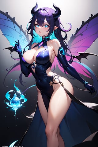 ((masterpiece)), (best quality), beautiful, extremely detailed face, Demon Princess, full body, female character demon, fairy dress, intricate, elegant, highly detailed, (((glowing blue eyes))), (((star-shaped pupils))), very long hair, (((multicolored hair, gradient hair, two-tone hair, blue hair, purple hair:1.2))), digital painting, artstation, perfect body, holographic glow, light particles, raytraced, alchemist room with colorful potions, concept art, magic energy wings, smooth, sharp focus, illustration, 8k, floating colorful crystals, demon lord castle background, perfect breast,