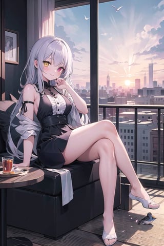 ((masterpiece)), (best quality), (best quality,4k,highres),Anime style, manga art, Light smiling, blossoms around her, kittens and tiny pet birds around her, Sunset sky, colouful clouds, intricate details Ultra detailed centered. Side view: A beautiful girl sits with crossed legs and watch the city buildings at her balcony and her hand under her chin, Mysterious, heterochromia, perfect medium breast, full_body, glowing eyes,