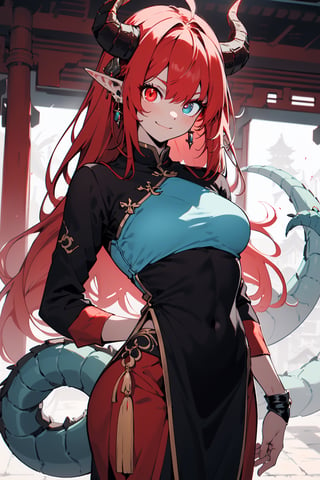 (masterpiece, best quality, ultra-detailed, best shadow), dragon woman, long hair, friendly face, light blue martial arts master outfit, light red hair, dragon horns with red tips, dragon tail, light red eyes, pointed horns, small breasts, beautiful, the woman who reflects the sun, the emperor's right hand, tail attached to the body, The master of manipulation, chinese temple,pointy ears,serious face , calm smile ,red tail with light blue parts,dragon horns, gold jewelry, silver ring, diamond chain,Rich woman, heterochromia, perfect medium breast, glowing eyes,Pixel art,(best quality,niji,SAM YANG