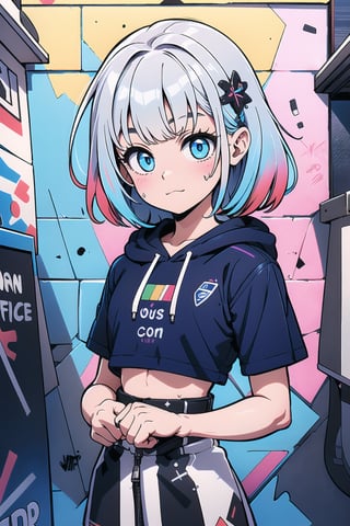 ((masterpiece)), (best quality), (ultra detailed), high quality, highres, absurdres, ultra-detailed, 8k, 1girl, platinum grey hair, blue hair, multicolored hair, gradient hair, looking at viewer, colorful eyes, colorful hoodie, (graffiti murals wall background:1.15), brilliant colorful paintings, bloom, portrait, cross hair ornament, closed mouth, waist bag, against wall, bangs, shadow, reflection,High detailed ,glitter