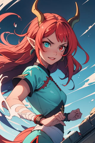 (masterpiece, best quality, ultra-detailed, best shadow), dragon woman, long hair, friendly face, light blue martial arts master outfit, light red hair, dragon horns with red tips, dragon tail, light red eyes, pointed horns, small breasts, beautiful, the woman who reflects the sun, the emperor's right hand, tail attached to the body, The master of manipulation, chinese temple,pointy ears,serious face , calm smile ,red tail with light blue parts,dragon horns, gold jewelry, silver ring, diamond chain,Rich woman, heterochromia, perfect medium breast, glowing eyes,Pixel art