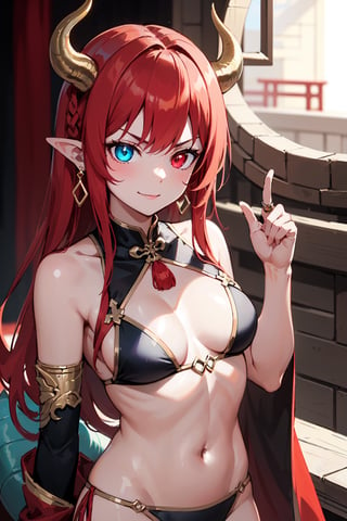 (masterpiece, best quality, ultra-detailed, best shadow), dragon woman, long hair, friendly face, light blue martial arts master outfit, light red hair, dragon horns with red tips, dragon tail, light red eyes, pointed horns, small breasts, beautiful, the woman who reflects the sun, the emperor's right hand, tail attached to the body, The master of manipulation, chinese temple,pointy ears,serious face , calm smile ,red tail with light blue parts,dragon horns, gold jewelry, silver ring, diamond chain,Rich woman, heterochromia, perfect medium breast, glowing eyes