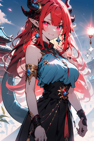 (masterpiece, best quality, ultra-detailed, best shadow), Princess dragon, long blonde hair, friendly face, light blue martial arts master outfit, light red hair, dragon horns with red tips, dragon tail, light red eyes, pointed horns, small breasts, beautiful, the woman who reflects the sun, the emperor's right hand, tail attached to the body, The master of manipulation, chinese temple,pointy ears,serious face , calm smile ,red tail with light blue parts,dragon horns, gold jewelry, silver ring, diamond chain,Rich woman, heterochromia, perfect medium breast, glowing eyes,(best quality,niji,SAM YANG,glitter