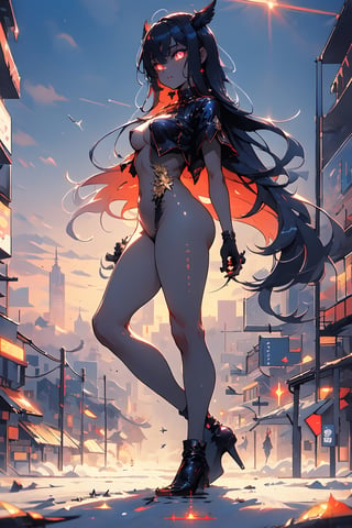 ((masterpiece)), (best quality),masterpiece, best quality, movie still, 1girl, monstergirl, crow woman, full body, portrait, detailed (eyes), long (hair), perfect body, proportional body, crow|raven wings,  full_body, cold soft lighting, sunset, (aura:0.7), perfect medium breast, glitter, glowing eyes, modern city background