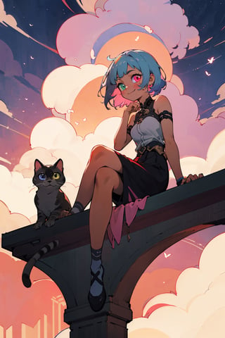 ((masterpiece)), (best quality), (best quality,4k,highres),Anime style, manga art, Light smiling, blossoms around her, kittens and tiny pet birds around her, Sunset sky, colouful clouds, intricate details Ultra detailed centered. Side view: A beautiful girl sits with crossed legs and watch the city buildings at her balcony and her hand under her chin, Mysterious, heterochromia, perfect medium breast, full_body, glowing eyes,