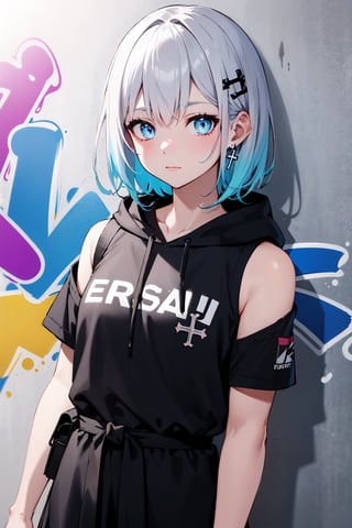 ((masterpiece)), (best quality), (ultra detailed), high quality, highres, absurdres, ultra-detailed, 8k, 1girl, platinum grey hair, blue hair, multicolored hair, gradient hair, looking at viewer, colorful eyes, colorful hoodie, (graffiti murals wall background:1.15), brilliant colorful paintings, bloom, portrait, cross hair ornament, closed mouth, waist bag, against wall, bangs, shadow, reflection