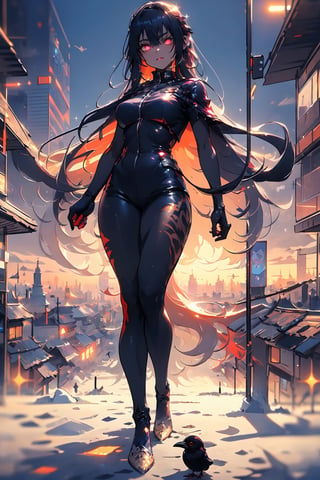 ((masterpiece)), (best quality),masterpiece, best quality, movie still, 1girl, monstergirl, crow woman, full body, portrait, detailed (eyes), long (hair), perfect body, proportional body, crow|raven wings,  full_body, cold soft lighting, sunset, (aura:0.7), perfect medium breast, glitter, glowing eyes, modern city background