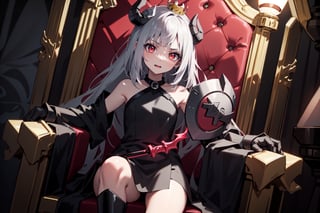 A dark-haired girl with red eyes wearing, long black hair with bangs, gothic movie lighting, black_dress, little crown, pink_long_hair, green_eyes, bare_shoulder, devil horns, Armor, shield, ,greaves, scepter, gauntlets, demons, torchlight, throne, cartoon