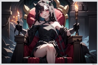 A dark-haired girl with red eyes wearing, long black hair with bangs, gothic movie lighting, black_dress, little crown, pink_long_hair, green_eyes, bare_shoulder, devil horns, Armor, shield, ,greaves, scepter, gauntlets, demons, torchlight, throne, cartoon