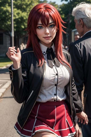 A close-up shot frames Rias Gremory's mesmerizing gaze as warm sunlight dances across her turquoise-blue eyes, defined eyebrows, and subtle smile. Her fiery ahoge creates a striking contrast to her serene expression against the backdrop of a school uniform: black jacket, red skirt flowing behind her, and buttoned shirt. more detail ,ahoge:1.5, red skirt, black jacket, riasgremory, 