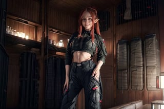 beautiful female, 28yo, crimson hair, red eyes, medium hair, ponytail, glowing bulb, high detailed skin:1.2), 8K, UHD, soft lighting, high quality, film grain, big_breast, elven:1.8, smile. pointed_ears:1.8, elven_ears:1.8, elf_ears:1.5, (elf_species:1.5), full_body:1.8, thin_legs:1.5, thin_waist:1.5, wide_shot:1.5, (private lounge:2), (cargo pants:2), (hallter top;2), sitting:2, sitting on couch:2, jacket:2, ,eexpr,better_hands