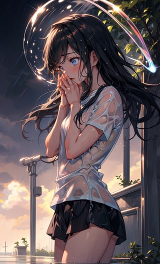 1girl,cute,better_hands,hina amano,[[[deck]]],rain,wetshirt,praying,