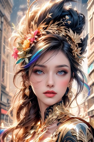 a colorful digital artwork of a beautiful woman, tree's branches, leaves and flowers in the style of mythic theme, graceful surrealism, depictions of urban life, (dark sky-blue and rainbow, gold), portraitures with hidden meanings, caricature-like illustrations, metropolis meets nature ,midjourney, double exposure,1 girl,a person 