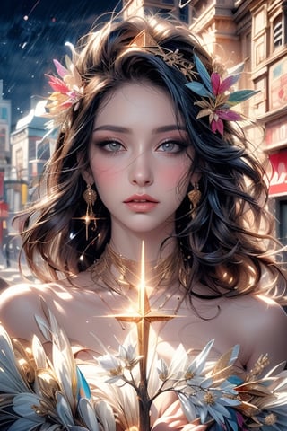 a colorful digital artwork of a beautiful woman, tree's branches, leaves and flowers in the style of mythic theme, graceful surrealism, depictions of urban life, (dark sky-blue and rainbow, gold), portraitures with hidden meanings, caricature-like illustrations, metropolis meets nature ,midjourney, double exposure,1 girl,a person 