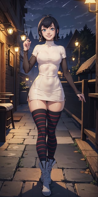 masterpiece, best quality, absurdres, perfect anatomy, 1girl, solo, outdoors, night, midnight, full_body, feet, standing_up, facing_viewer, looking_at_viewer, slim_body, large_bresast, mavis dracula, smile,  dress, striped thighhighs, boots