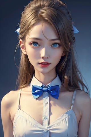 ((best quality)), ((masterpiece)), (detailed), (realistic),(Blue background),Slender, skinny, Flat Chest, small breasts, ,Red lips and white teeth,school uniform,bow tie ,sharp focus on eyes,Korean girl